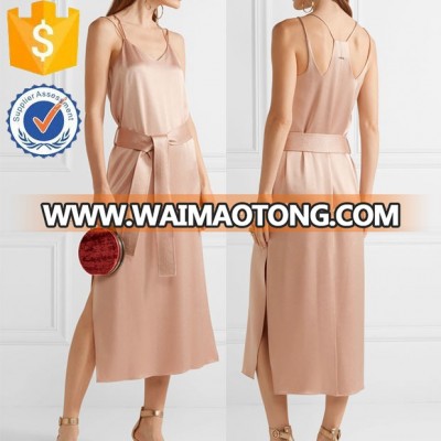 Belted Satin Evening Party Dress Manufacture Wholesale Fashion Women Apparel (TS1558D)